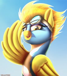 Size: 1269x1445 | Tagged: safe, artist:to_fat_to_fly, spitfire, pegasus, pony, clothes, female, goggles, looking at you, looking down, looking down at you, mare, open mouth, salute, solo, uniform, wing salute, wings, wonderbolts uniform