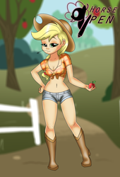 Size: 2320x3420 | Tagged: safe, artist:horsepen, imported from ponybooru, applejack, human, apple, clothes, female, food, freckles, humanized, shorts, solo, solo female