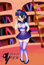 Size: 2320x3420 | Tagged: safe, artist:horsepen, imported from ponybooru, twilight sparkle, human, bookshelf, female, glasses, golden oaks library, humanized, plaid skirt, solo, solo female, sweater vest