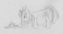 Size: 2974x1608 | Tagged: safe, artist:wapamario63, imported from ponybooru, twilight sparkle, pony, unicorn, banana, belly, big belly, cute, eating, female, food, huge belly, mare, meat, monochrome, plate, plates, sandvich, sketch, solo, steak, stuffing, traditional art