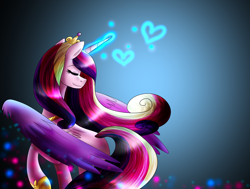 Size: 2280x1720 | Tagged: safe, artist:lada03, imported from derpibooru, princess cadance, alicorn, pony, eyes closed, female, glowing horn, heart, horn, magic, mare, simple background, smiling, solo