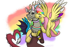 Size: 1106x722 | Tagged: safe, artist:bella-pink-savage, artist:bellbell123, imported from derpibooru, discord, fluttershy, draconequus, pegasus, pony, asexual, asexual pride flag, bands, cheek kiss, colorful, demisexual pride flag, discoshy, ears up, female, flower, headcanon, heart, kiss on the cheek, kissing, lgbt headcanon, male, panromantic, pride, pride flag, pride month, rainbow, raised eyebrow, sexuality headcanon, shipping, simple background, straight, white background, wings