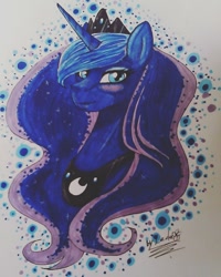 Size: 480x600 | Tagged: safe, artist:lada03, imported from derpibooru, princess luna, alicorn, pony, bust, female, mare, marker drawing, portrait, signature, smiling, solo, traditional art