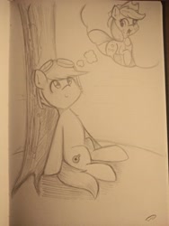 Size: 3072x4096 | Tagged: safe, artist:taurson, imported from derpibooru, applejack, oc, oc only, oc:blazing beams, pegasus, pony, atg 2021, female, male, mare, monochrome, newbie artist training grounds, sitting, solo, stallion, thought bubble