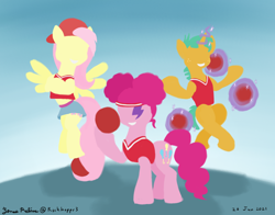 Size: 1400x1100 | Tagged: safe, artist:rockhoppr3, imported from derpibooru, fluttershy, pinkie pie, snails, earth pony, pegasus, pony, unicorn, 90s grunge fluttershy, buckball, clothes, crossed hooves, dodgeball, hoof hold, levitation, lineless, lotus position, magic, pinkie puffs, pinktails pie, prehensile tail, telekinesis