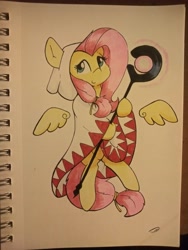Size: 3072x4096 | Tagged: safe, artist:taurson, imported from derpibooru, fluttershy, pegasus, pony, clothes, cosplay, costume, fantasy class, female, final fantasy, floating wings, hoof hold, mare, robe, solo, staff, traditional art, white mage, wings