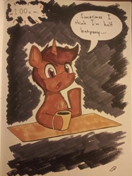 Size: 3072x4096 | Tagged: safe, artist:taurson, imported from derpibooru, oc, oc only, oc:coffee, pony, unicorn, atg 2021, coffee, coffee mug, male, mug, newbie artist training grounds, solo, speech bubble, stallion, traditional art