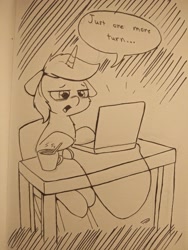 Size: 3072x4096 | Tagged: safe, artist:taurson, imported from derpibooru, oc, oc only, oc:coffee, pony, unicorn, atg 2021, bags under eyes, coffee, coffee mug, computer, floppy ears, laptop computer, monochrome, mug, newbie artist training grounds, solo, speech bubble, traditional art