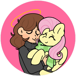 Size: 768x768 | Tagged: safe, artist:edgykidart, imported from derpibooru, fluttershy, human, pegasus, pony, clothes, cute, duo, eyes closed, female, halo, holding a pony, hug, mare, scarf, shyabetes, simple background, squishy cheeks, transparent background