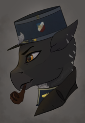 Size: 937x1345 | Tagged: safe, artist:callsign-echo, imported from derpibooru, oc, oc only, oc:victor moreau, griffon, equestria at war mod, clothes, coat, griffon oc, hat, military uniform, overcoat, smoking, uniform, uniform hat