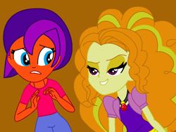 Size: 858x646 | Tagged: safe, artist:jadeharmony, artist:jadethepegasus, artist:katetheraccoon, imported from derpibooru, adagio dazzle, oc, oc:jade harmony, oc:jade the pegasus, equestria girls, base used, brown background, canon x oc, clothes, equestria girls-ified, female, gem, grin, gritted teeth, jeans, lesbian, nervous, pants, shirt, simple background, siren gem, smiling, t-shirt