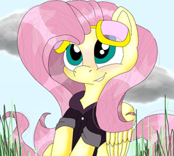 Size: 1280x1151 | Tagged: safe, artist:princessamara123, imported from derpibooru, fluttershy, pegasus, pony, blushing, clothes, female, goggles, hoodie, mare, redraw, solo