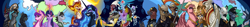 Size: 1920x210 | Tagged: safe, artist:verskon, imported from derpibooru, daybreaker, discord, jet set, king sombra, nightmare moon, princess cadance, queen chrysalis, tree of harmony, twilight sparkle, oc, oc:alexander kemerskai, oc:archon eros vii, oc:ferdinand dawnclaw, oc:gabriela eagleclaw, oc:giulio beakolini, oc:grover vi, oc:river swirl, oc:sinnie, oc:theodore verany, oc:wingfred von katerinburg, oc:wingfried von katerinburg, alicorn, earth pony, griffon, pony, unicorn, equestria at war mod, armor, banner, bayonet, clothes, coat, crown, female, flag, griffon oc, gun, hat, iron cross, jewelry, luger, male, mane, map, mare, military uniform, necktie, regalia, rifle, scar, suit, tiara, twilight sparkle (alicorn), uniform, uniform hat, weapon, wings