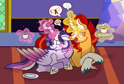 Size: 1280x873 | Tagged: safe, artist:musical-medic, imported from derpibooru, sunburst, twilight sparkle, alicorn, pony, unicorn, blaze (coat marking), blushing, coat markings, crossed hooves, cup, curved horn, ear piercing, earring, facial markings, female, glowing horn, horn, jewelry, lying down, male, mare, piercing, prone, shipping, socks (coat markings), stallion, straight, teacup, twiburst, twilight sparkle (alicorn), unshorn fetlocks