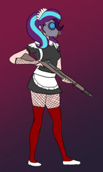 Size: 800x1337 | Tagged: safe, artist:slamjam, imported from derpibooru, starlight glimmer, human, apron, clothes, dress, fingerless gloves, fishnet gloves, fishnet pantyhose, gas mask, gloves, gun, humanized, long gloves, m1 garand, maid, maid headdress, mask, pantyhose, rifle, stockings, thigh highs, weapon