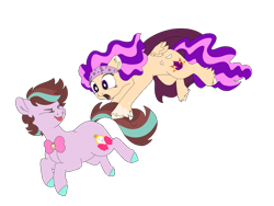 Size: 1280x960 | Tagged: safe, artist:doodletheexpoodle, imported from derpibooru, oc, oc only, oc:daylight amethyst, oc:pocket watch, alicorn, earth pony, pony, bowtie, colored hooves, duo, eyes closed, female, headband, mare, offspring, parent:sunburst, parent:twilight sparkle, parents:starwhooves, parents:twiburst, simple background, tail, tail pull, tongue out, transparent background