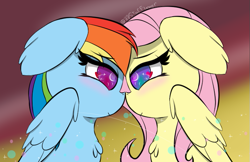 Size: 675x437 | Tagged: safe, artist:lunastaralight, imported from derpibooru, fluttershy, rainbow dash, pegasus, pony, blushing, cute, dashabetes, female, floppy ears, flutterdash, heart eyes, lesbian, looking into each others eyes, shipping, shyabetes, wingding eyes