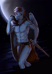 Size: 3035x4299 | Tagged: artist needed, safe, artist:fap_chop, artist:fapchop, artist:lenoomfine, imported from derpibooru, oc, oc only, oc:pegasusgamer, anthro, pegasus, cloak, clothes, moon, muscles, night, sword, weapon, wings