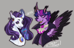 Size: 1280x845 | Tagged: safe, artist:dylandonnie, imported from derpibooru, rarity, twilight sparkle, alicorn, pony, unicorn, vampire, alcohol, alternate hairstyle, ascot, blaze (coat marking), bust, cape, clothes, coat markings, colored ears, colored wings, ear fluff, ear piercing, earring, eyeshadow, facial markings, fangs, female, glass, gray background, horn, horn jewelry, horn ring, jewelry, lesbian, magic, makeup, mare, necklace, piercing, rarilight, redesign, ring, shipping, short hair, simple background, spread wings, telekinesis, twilight sparkle (alicorn), wine, wine glass, wings