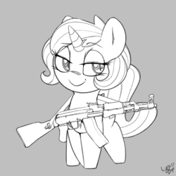 Size: 900x900 | Tagged: safe, artist:lyrabop, imported from derpibooru, oc, oc only, oc:academia, pony, unicorn, ak-47, assault rifle, female, gun, mare, monochrome, rifle, simple background, solo, weapon