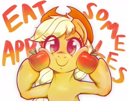 Size: 2048x1628 | Tagged: safe, artist:kurogewapony, imported from derpibooru, applejack, earth pony, pony, apple, cheek squish, cute, food, happy, hat, holding, jackabetes, looking at you, simple background, smiling, solo, squishy cheeks, text, that pony sure does love apples