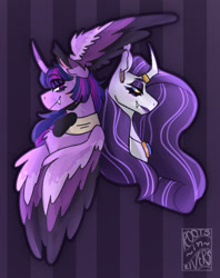 Size: 1280x1619 | Tagged: safe, artist:gothalite, artist:rootsinrivers, imported from derpibooru, rarity, twilight sparkle, alicorn, pony, unicorn, vampire, bust, fangs, female, horn, horn ring, jewelry, lesbian, rarilight, ring, shipping, twilight sparkle (alicorn), wing ears