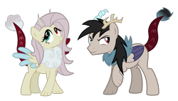 Size: 4656x2638 | Tagged: safe, artist:candyandflurry, imported from derpibooru, oc, oc:angel shy, oc:cosmic chaos, hybrid, female, interspecies offspring, male, offspring, parent:discord, parent:fluttershy, parents:discoshy, simple background, transparent background