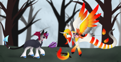 Size: 2449x1264 | Tagged: safe, artist:dreepymom, artist:the-dreepy-mom, imported from derpibooru, oc, oc only, oc:arctic spark, oc:blayze, oc:wisp petal, pony, unicorn, fire, magic, male, seaponicorn, stallion