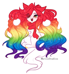 Size: 2452x2624 | Tagged: safe, artist:krissstudios, imported from derpibooru, oc, oc only, earth pony, pony, blushing, chest fluff, chibi, clothes, female, high res, long hair, mare, multicolored hair, rainbow hair, scarf, simple background, solo, white background