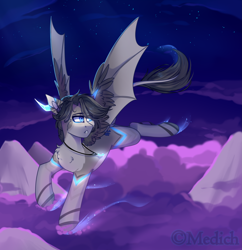 Size: 2629x2719 | Tagged: safe, artist:mediasmile666, imported from derpibooru, oc, oc only, pony, feathered bat wings, flying, high res, hybrid wings, jewelry, mountain, night, night sky, pendant, sky, solo, spread wings, wings