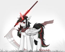 Size: 3000x2385 | Tagged: safe, artist:mediasmile666, imported from derpibooru, oc, oc only, alicorn, pony, alicorn oc, blood, high res, horn, magic, red eyes, scythe, solo, standing, telekinesis, weapon, wings