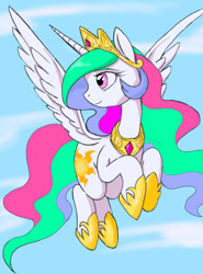 Size: 736x992 | Tagged: safe, artist:a.s.e, imported from derpibooru, princess celestia, alicorn, pony, female, females only, flying, happy, mare, sky background, smiling, solo