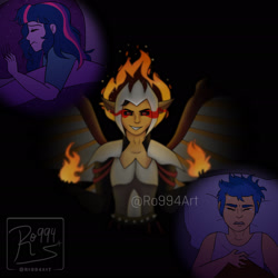 Size: 1920x1920 | Tagged: safe, artist:ro994, imported from derpibooru, flash sentry, sci-twi, twilight sparkle, oc, oc:fire pit, equestria girls, female, loose hair, male, midnight-ified, nightmare, sleeping, sweat