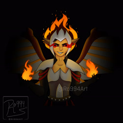 Size: 3264x3264 | Tagged: safe, artist:ro994, artist:ro994art, imported from derpibooru, flash sentry, oc, oc only, oc:fire pit, equestria girls, armor, black background, eye mist, fire, high res, male, midnight-ified, simple background, solo