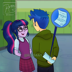 Size: 1920x1920 | Tagged: safe, artist:ro994, imported from derpibooru, flash sentry, sci-twi, twilight sparkle, equestria girls, arm behind back, clothes, female, flashlight, hoodie, lockers, male, note, sciflash, shipping, straight, sweater vest, watermark