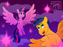 Size: 1920x1440 | Tagged: safe, artist:ro994, imported from derpibooru, flash sentry, twilight sparkle, alicorn, pegasus, pony, female, flashlight, flying, male, mare, night, scar, shipping, sparkles, spread wings, stallion, straight, twilight sparkle (alicorn), watermark, wings