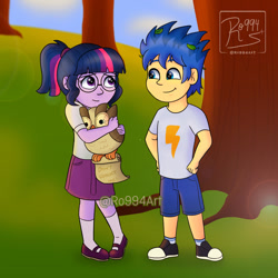 Size: 1280x1280 | Tagged: safe, artist:ro994, imported from derpibooru, flash sentry, owlowiscious, sci-twi, twilight sparkle, equestria girls, clothes, converse, fanfic art, female, flashlight, male, sciflash, shipping, shoes, smiling, straight, watermark, younger