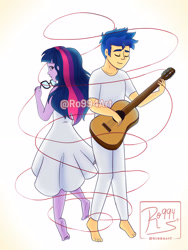 Size: 1920x2560 | Tagged: safe, artist:ro994, imported from derpibooru, flash sentry, sci-twi, twilight sparkle, equestria girls, acoustic guitar, barefoot, clothes, dress, duo, eyes closed, feet, female, flashlight, glasses off, guitar, loose hair, male, male feet, musical instrument, sciflash, shipping, simple background, soles, straight, watermark, white background, white dress