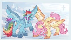 Size: 2204x1255 | Tagged: safe, artist:dentdeli0n, artist:izzypaw, imported from derpibooru, fluttershy, rainbow dash, pegasus, pony, duo, female, high five, high wing, mare, wing five