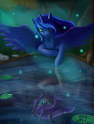 Size: 2658x3492 | Tagged: safe, artist:tenebrisnoctus, imported from derpibooru, nightmare moon, princess luna, alicorn, pony, bat wings, blue mane, doodle, ethereal mane, female, flowing mane, forest, glowing eyes, grass, green eyes, high res, horn, reflection, signature, solo, spread wings, starry mane, tree, water, wings