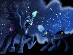 Size: 1600x1200 | Tagged: safe, artist:vamcatblaze123, imported from derpibooru, nightmare moon, princess luna, alicorn, pony, bat wings, beautiful, blue eyes, blue mane, colored pupils, ethereal mane, evil grin, eyelashes, female, flowing mane, folded wings, glow, glowing, glowing horn, grin, hoof shoes, horn, looking at each other, smiling, spread wings, starry mane, teeth, wings
