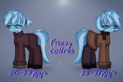Size: 3000x2000 | Tagged: safe, artist:menalia, imported from derpibooru, oc, oc only, oc:freezy coldres, pony, unicorn, chromatic aberration, clothes, female, gloves, high res, horn, light, lineart, mare, pants, reference sheet, scarf, shirt, shoes, simple background, skirt, text
