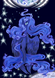 Size: 2466x3486 | Tagged: safe, artist:liz-kotlin, imported from derpibooru, princess luna, alicorn, pony, blue eyes, blue tail, bubble, feather, female, high res, horn, looking up, moon, moonlight, solo, space, sparkles, stars, teary eyes, wings