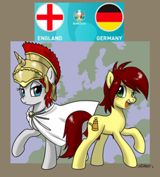 Size: 1032x1136 | Tagged: safe, artist:johnjoseco, edit, imported from derpibooru, imported from ponybooru, oc, oc only, oc:britannia, oc:canni soda, earth pony, pony, unicorn, b.u.c.k., england, euro 2020, female, galacon, germany, mare, mascot, nation ponies, ponified