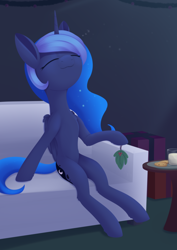Size: 988x1394 | Tagged: safe, artist:dusthiel, imported from derpibooru, princess luna, alicorn, pony, atg 2021, chest fluff, christmas, cookie, ethereal mane, ethereal tail, eyes closed, food, glass of milk, holiday, holly, leg fluff, milk, newbie artist training grounds, onomatopoeia, sleeping, slim, solo, sound effects, tail, wing fluff, wings, zzz