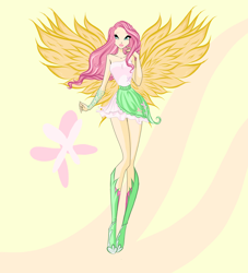 Size: 2000x2200 | Tagged: safe, artist:caboulla, imported from derpibooru, fluttershy, human, abstract background, bare shoulders, clothes, female, high res, humanized, long legs, skirt, sleeveless, spread wings, strapless, wings, winx, winxified