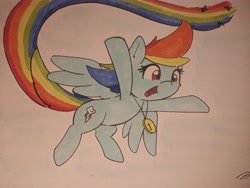 Size: 4096x3072 | Tagged: safe, artist:taurson, imported from derpibooru, rainbow dash, pegasus, pony, atg 2021, cute, dashabetes, female, flying, mare, medal, newbie artist training grounds, solo, traditional art