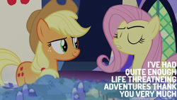 Size: 1280x720 | Tagged: safe, edit, edited screencap, editor:quoterific, imported from derpibooru, screencap, applejack, fluttershy, earth pony, pegasus, pony, school daze, season 8, spoiler:s08, applejack's hat, cowboy hat, cutie map, eyes closed, female, hat, mare, smiling, twilight's castle