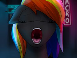 Size: 2000x1500 | Tagged: safe, artist:skanim-sdw, imported from derpibooru, oc, oc only, oc:darky wings, pony, eyes closed, fangs, female, floppy ears, maw, mawshot, neon, neon sign, open mouth, teeth
