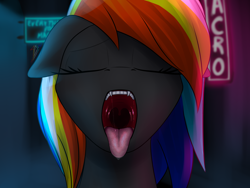 Size: 2000x1500 | Tagged: safe, artist:skanim-sdw, imported from derpibooru, oc, oc only, oc:darky wings, pony, eyes closed, fangs, female, floppy ears, maw, mawshot, neon, neon sign, open mouth, teeth, tongue out